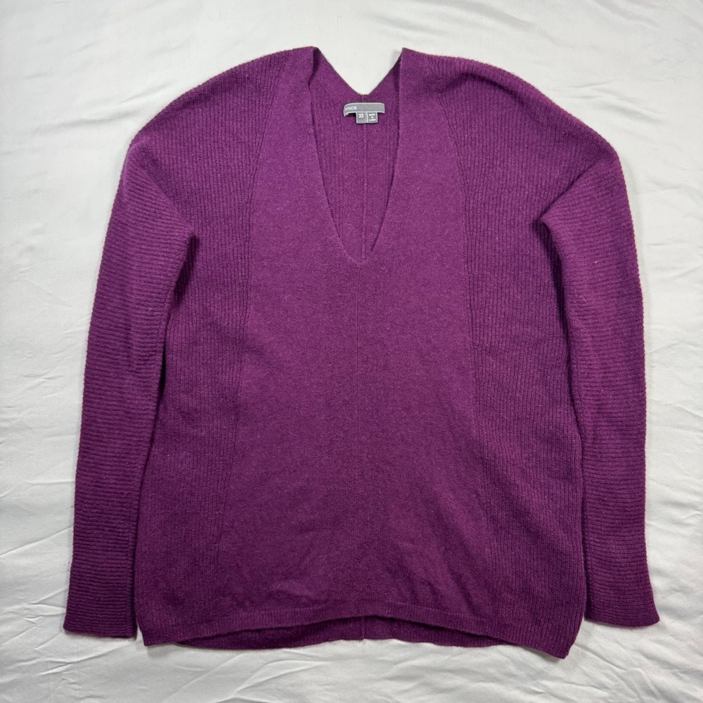 Vince Deep V-Neck Mixed Ribbed Knit Pullover Sweater Womens XS Purple Luxury